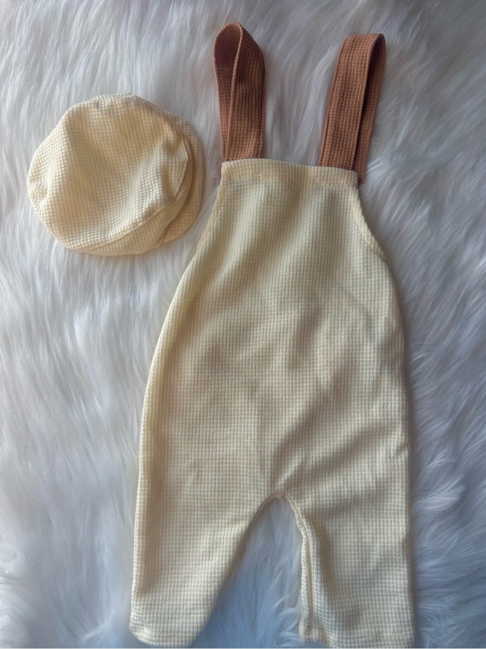 Cream Waffle Knit Overalls with Brown Straps and Matching Hat